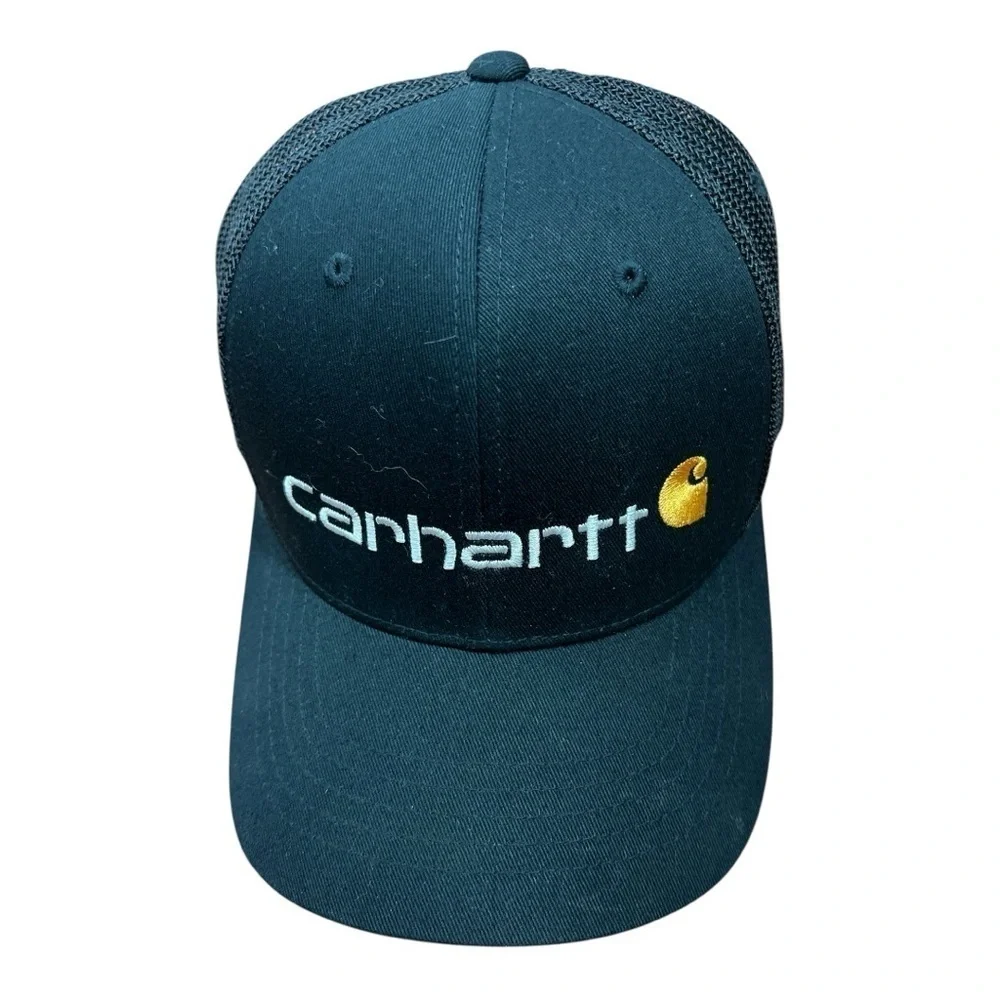 Carhartt Men's Rugged Flex Fitted Canvas Black Mesh-Back Logo Graphic Cap